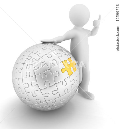 Man by presentation spherical puzzle over white background Man by presentation spherical puzzle over white background 12599728