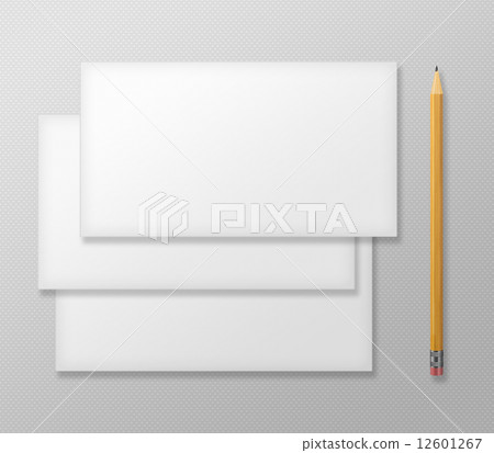 Set of Blank Envelopes with Yellow Pencil on Gray Background. Set of Blank Envelopes with Yellow Pencil on Gray Background. 12601267