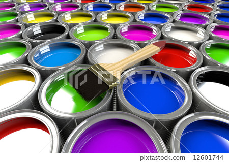 Multiple open paint cans with a brush.  12601744
