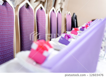 Empty chairs and wedding table decorations 12603476