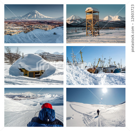 Kamchatka Peninsula collage. Far East, Russia 12603723