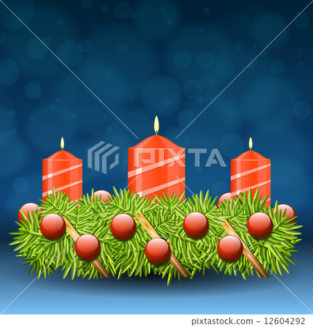 Advent wreath of twigs with red candles and various ornaments Advent wreath of twigs with red candles and various ornaments 12604292