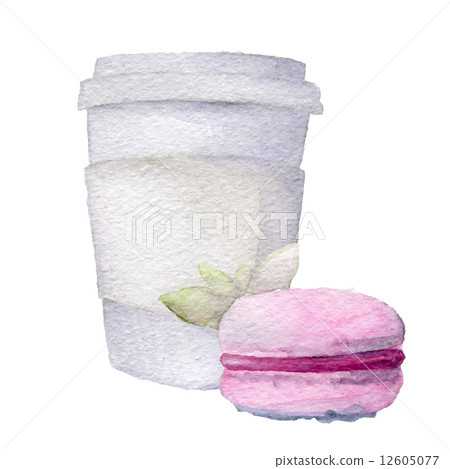 Watercolor cup of coffee to go and macarons. Vector eps10  12605077