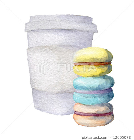 Watercolor cup of coffee to go and macarons. Vector eps10  12605078