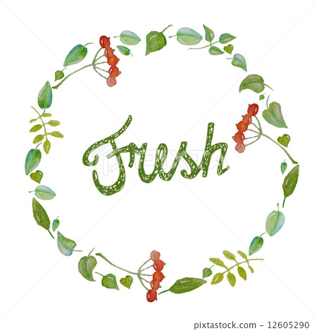 Fresh text in watercolor green leaves wreath, hand drawn vector eps10 Fresh text in watercolor green leaves wreath, hand drawn vector eps10 12605290