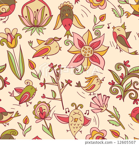 flowers and birds seamless texture pattern - Stock Illustration ...