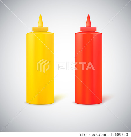 Close up bottles of mustard and ketchup 12609720