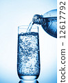 Pouring water into glass  from bottle on blue background 12617792