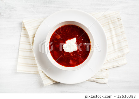 Russian soup borsch on white table Russian soup borsch on white table 12636388