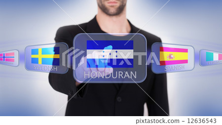 Hand pushing on a touch screen interface Hand pushing on a touch screen interface 12636543