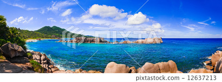 Panorama of tropical beach at Seychelles Panorama of tropical beach at Seychelles 12637213