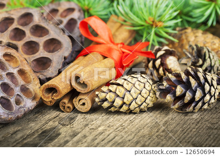 Cone with decorations,cinnamon and fir branches Cone with decorations,cinnamon and fir branches 12650694