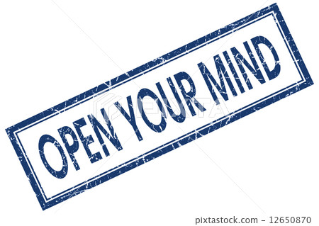 Open your mind blue square grungy stamp isolated on white background 12650870