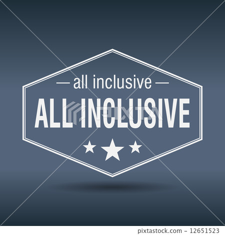 All inclusive hexagonal white vintage retro style label 12651523