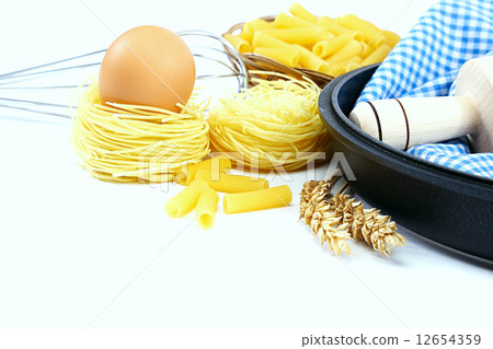 Supplies and ingredients for baking or making pasta. 12654359