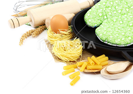 Supplies and ingredients for baking or making pasta. 12654360