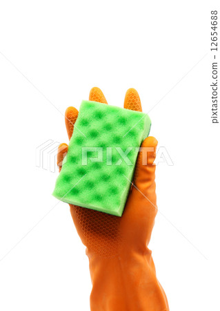 Hand in a rubber glove holding domestic sponge. Hand in a rubber glove holding domestic sponge. 12654688