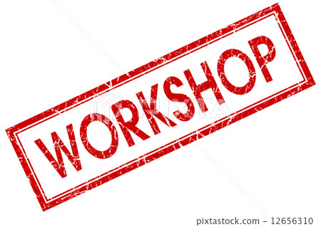 Workshop red square grungy stamp isolated on white background 12656310