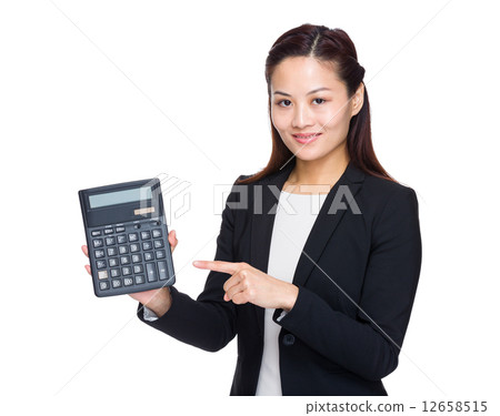 Businesswoman finger point up calculator 12658515