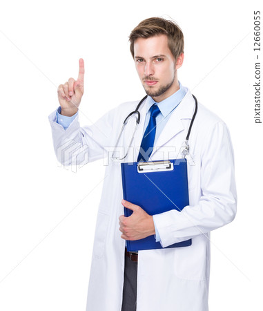 Caucasian medical doctor with clipboard and finger up 12660055