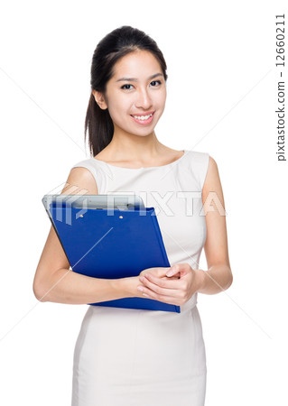 Asian woman hold with clipboard and laptop computer 12660211