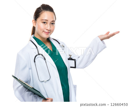 Woman doctor hold clipboard and hand present 12660450