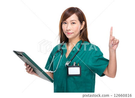 Asian female doctor with clipboard and finger up 12660816