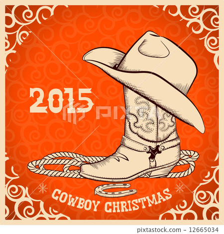 Western New Year greeting card with cowboy objects 12665034