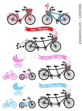New baby with tandem bicycle and children's bike and buggy, vector set 12665866
