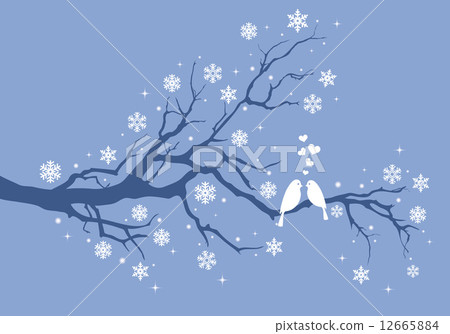 Christmas birds on winter tree with snowflakes, vector illustration 12665884