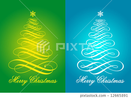 Blue and green Christmas cards with flourish Xmas trees, vector set 12665891