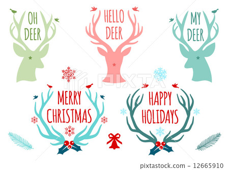 merry christmas with deer heads and antlers, set of vector design elements merry christmas with deer heads and antlers, set of vector design elements 12665910