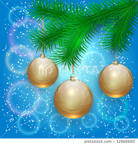 Vector christmas illustration with tree branch and balls on bokeh background 12666680