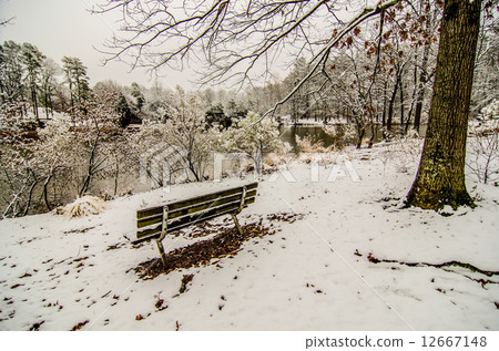 park bench in the snow covered park overlooking lake park bench in the snow covered park overlooking lake 12667148
