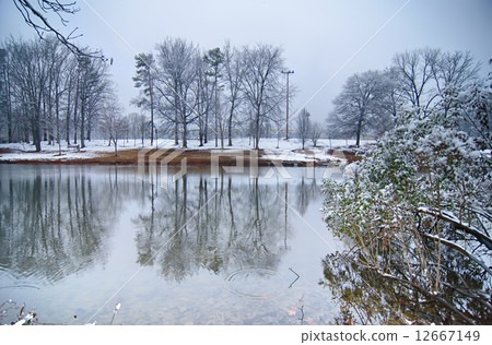 tree line reflections in lake during winter snow storm tree line reflections in lake during winter snow storm 12667149