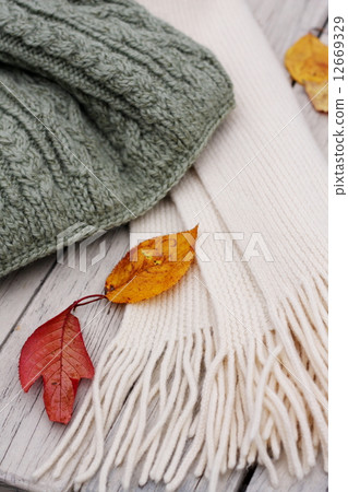 在晴朗的庭院桌上安置的帽子和圍巾 12669329