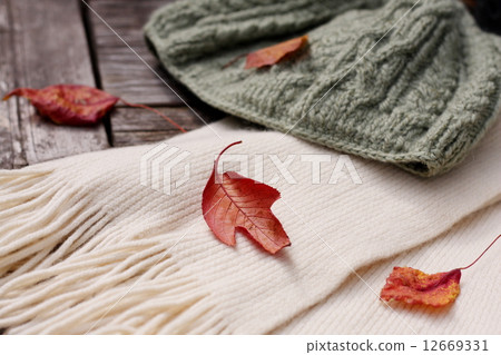 在晴朗的庭院桌上安置的帽子和圍巾 12669331