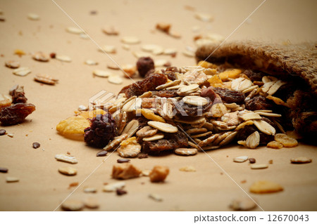 The cereal mix with prunes and raisins in sack for breakfast  12670043