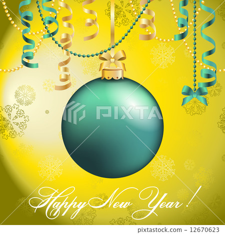 New Year greeting card. Christmas Ball with bow and ribbon. New Year greeting card. Christmas Ball with bow and ribbon. 12670623