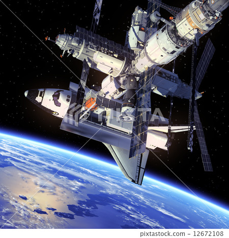 Stock Illustration: Space Shuttle And Space Station