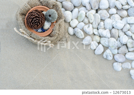 Top view of Starfishs and White Stone on Sand background Top view of Starfishs and White Stone on Sand background 12673013