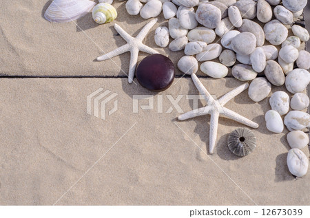 Top view of  Starfishs and White Stone on Sand background 12673039