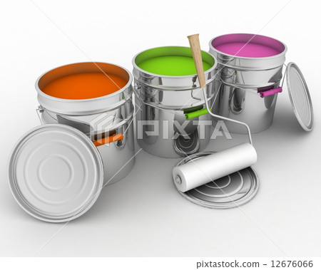 Open buckets with a paint and rollers Open buckets with a paint and rollers 12676066