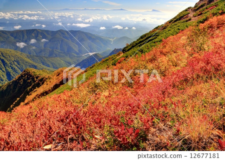 The autumnal leaves in the northern Alps / Kashima Spike Mountain Cold Pond Sanso village and Distant view of Mt. Asama The autumnal leaves in the northern Alps / Kashima Spike Mountain Cold Pond Sanso village and Distant view of Mt. Asama 12677181