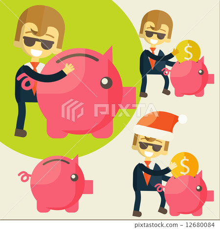 Businessman saves money in Piggy bank. Businessman saves money in Piggy bank. 12680084