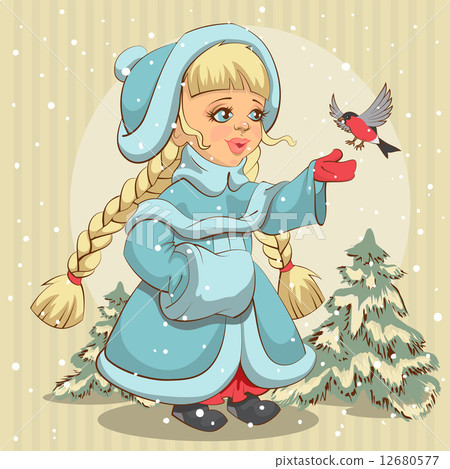 Snow Maiden in blue fur coat feeds bullfinch 12680577