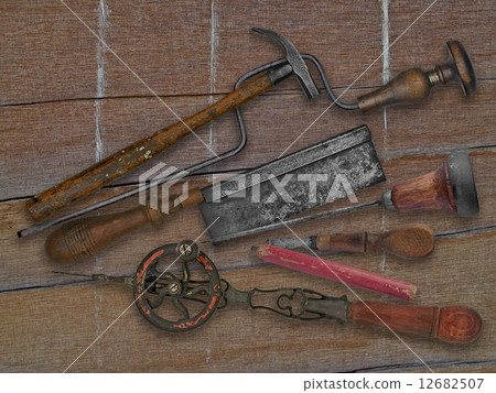 vintage woodworking tools over drift wood vintage woodworking tools over drift wood 12682507