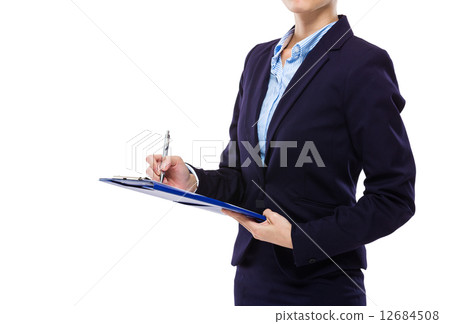 Businesswoman write on clipboard 12684508
