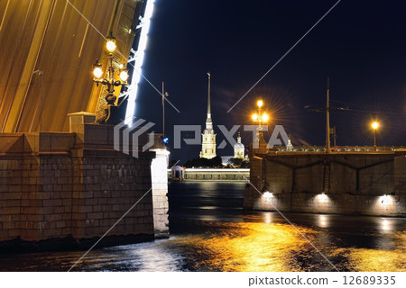 St. Peter and Pavel cathedral and movable bridge in St-Petersbur 12689335