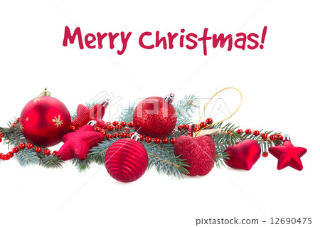 fir tree branch and red  christmas decorations 12690475